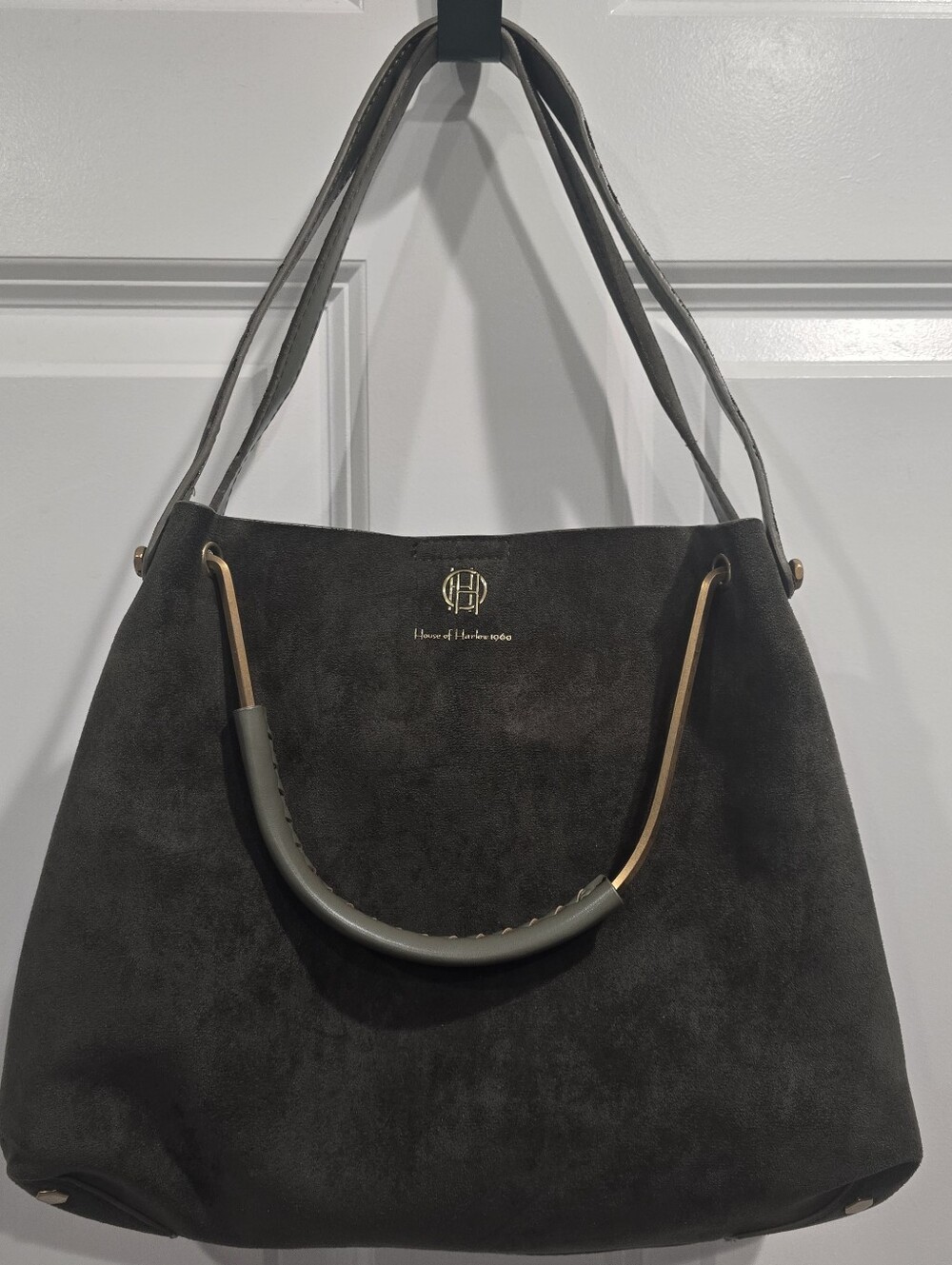 House of Harlow 1960 Olive Green Suede Shoulder Bag Gold Accents